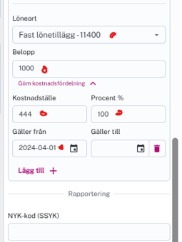 Kostnadsställe på fast löneart