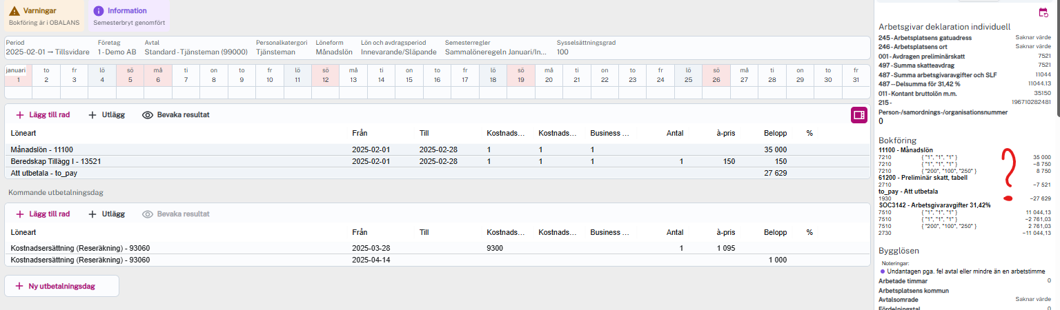 Obalans saknad lönearter i Bokföring under Rapport